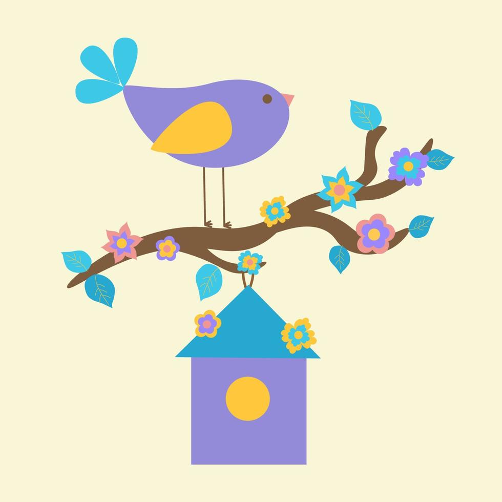 A cute purple bird sits on a tree branch covered with flowers above a birdhouse. Spring came. Design for a postcard or invitation. Flat vector illustration.