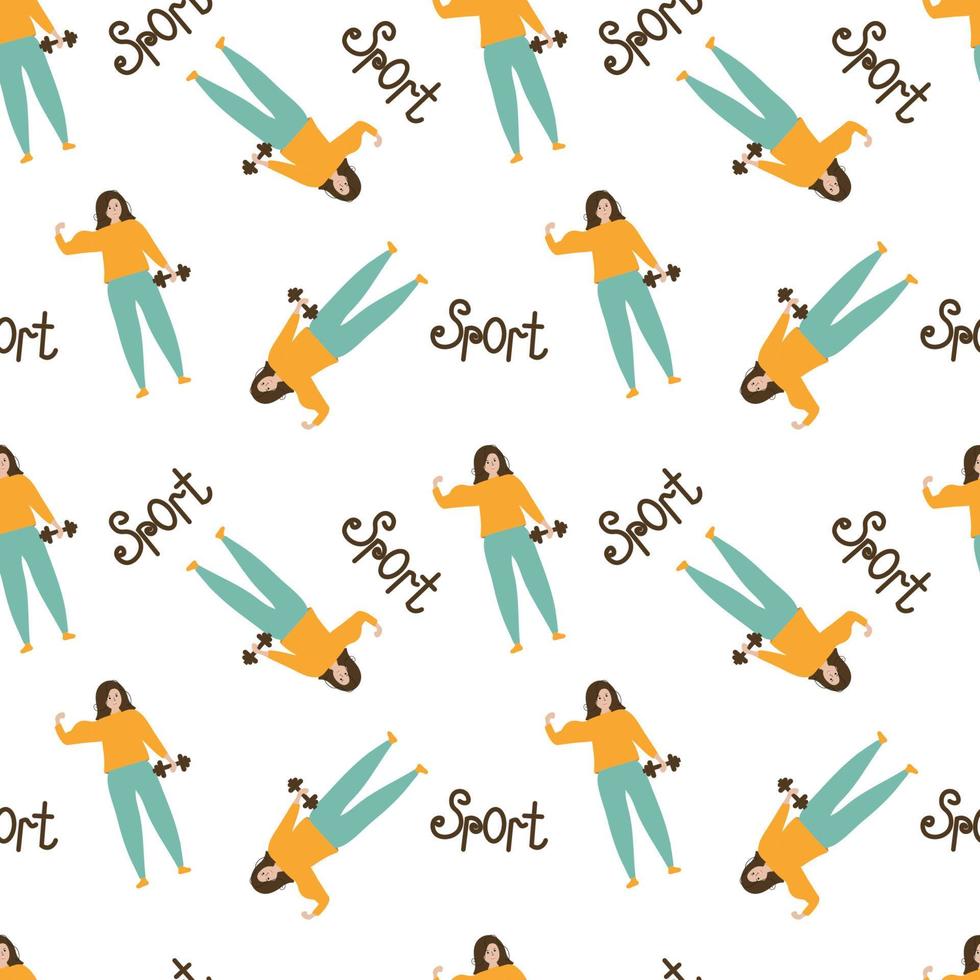Sports girl on a white background. Seamless background. vector