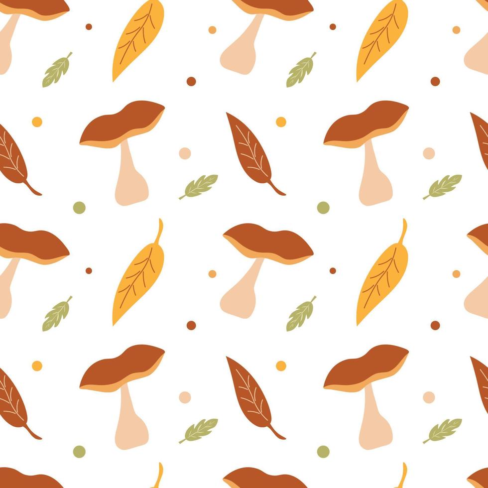 Seamless background with mushrooms and leaves. Autumn. Cloth, wallpaper, or wrapping paper. Illustration. vector