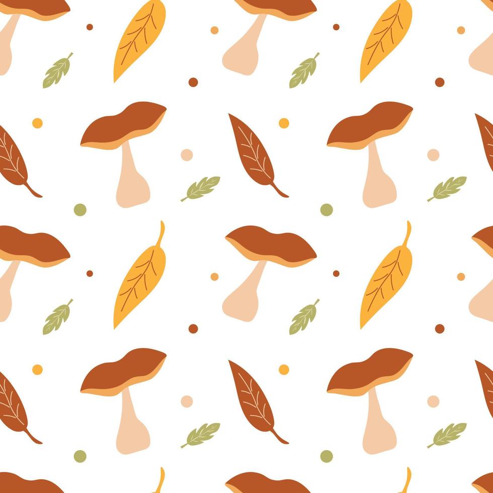 Seamless background with mushrooms and leaves. Autumn. Cloth, wallpaper, or wrapping paper. Illustration. vector