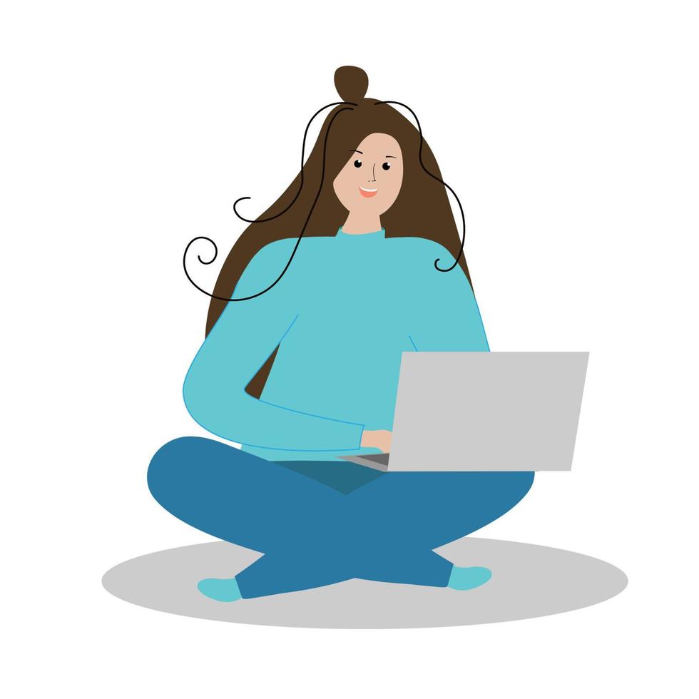 Happy girl in the lotus position sits at the computer. vector