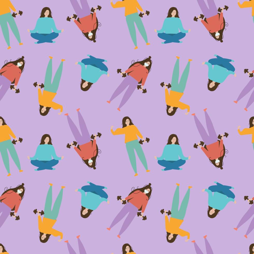 Seamless pattern with the image of girls involved in different sports. Vector illustration. Sport. Yoga.