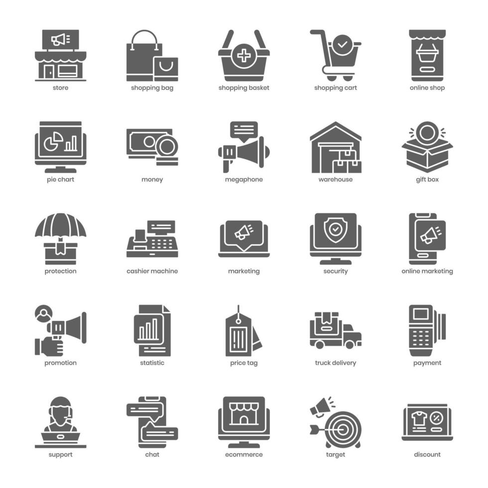 paquete de iconos de comercio electrónico para el diseño de su sitio web, logotipo, aplicación, ui. diseño de glifo de icono de comercio electrónico. ilustración de gráficos vectoriales y trazo editable. vector