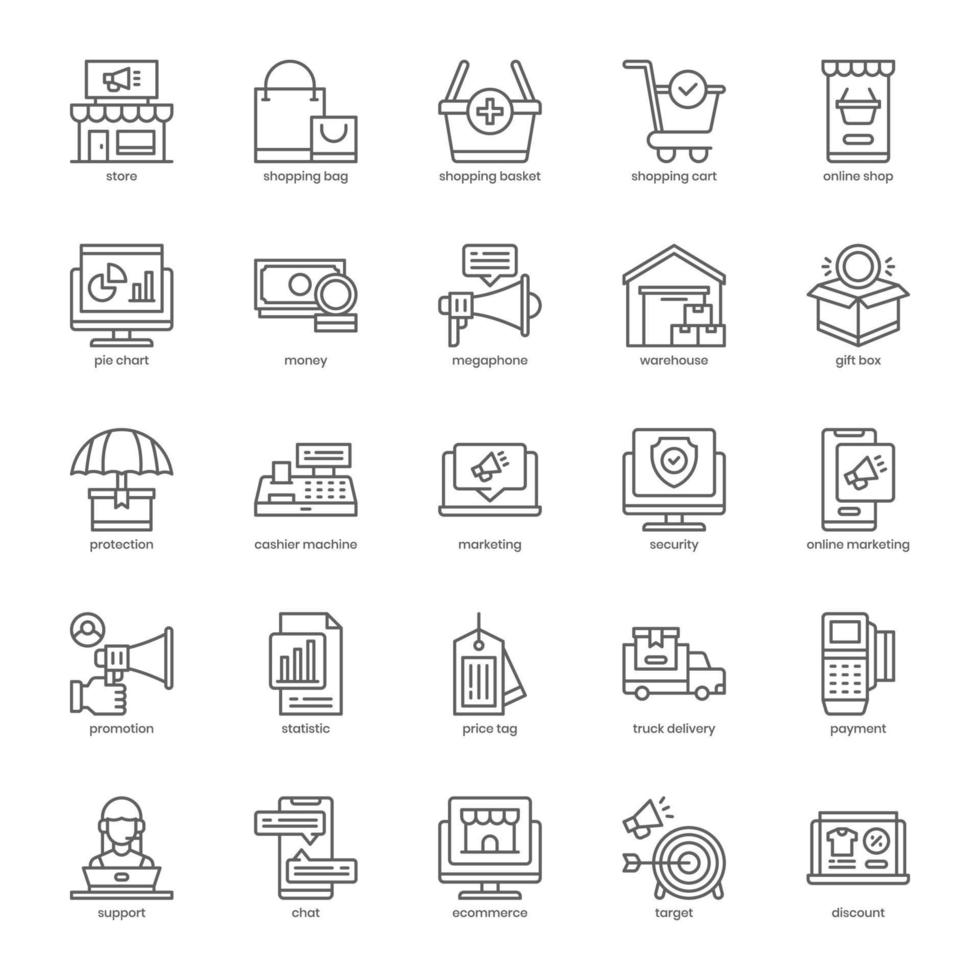 paquete de iconos de comercio electrónico para el diseño de su sitio web, logotipo, aplicación, ui. diseño de esquema de icono de comercio electrónico. ilustración de gráficos vectoriales y trazo editable. vector