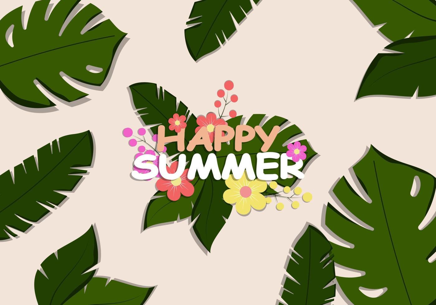 Flat summer background with leaves and flower. vector