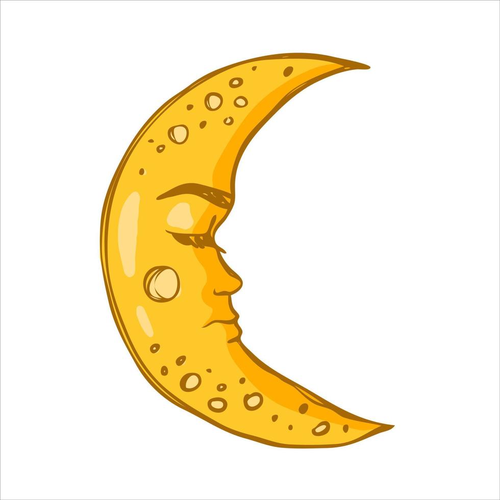 Yellow moon with a face. The moon is sleeping. Celestial concept in boho style. Vector illustration