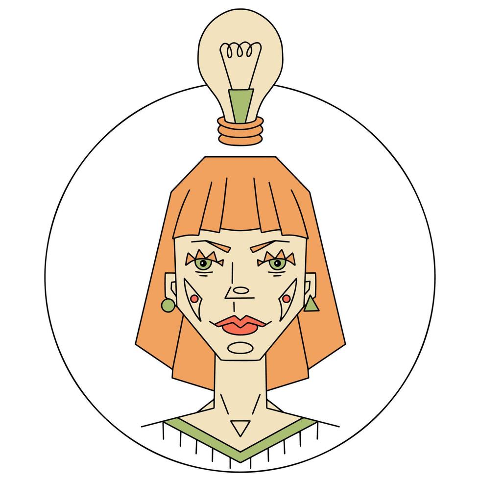 Girl with a glowing light bulb. Vector geometric stylized illustration with business idea concept and creative solution.