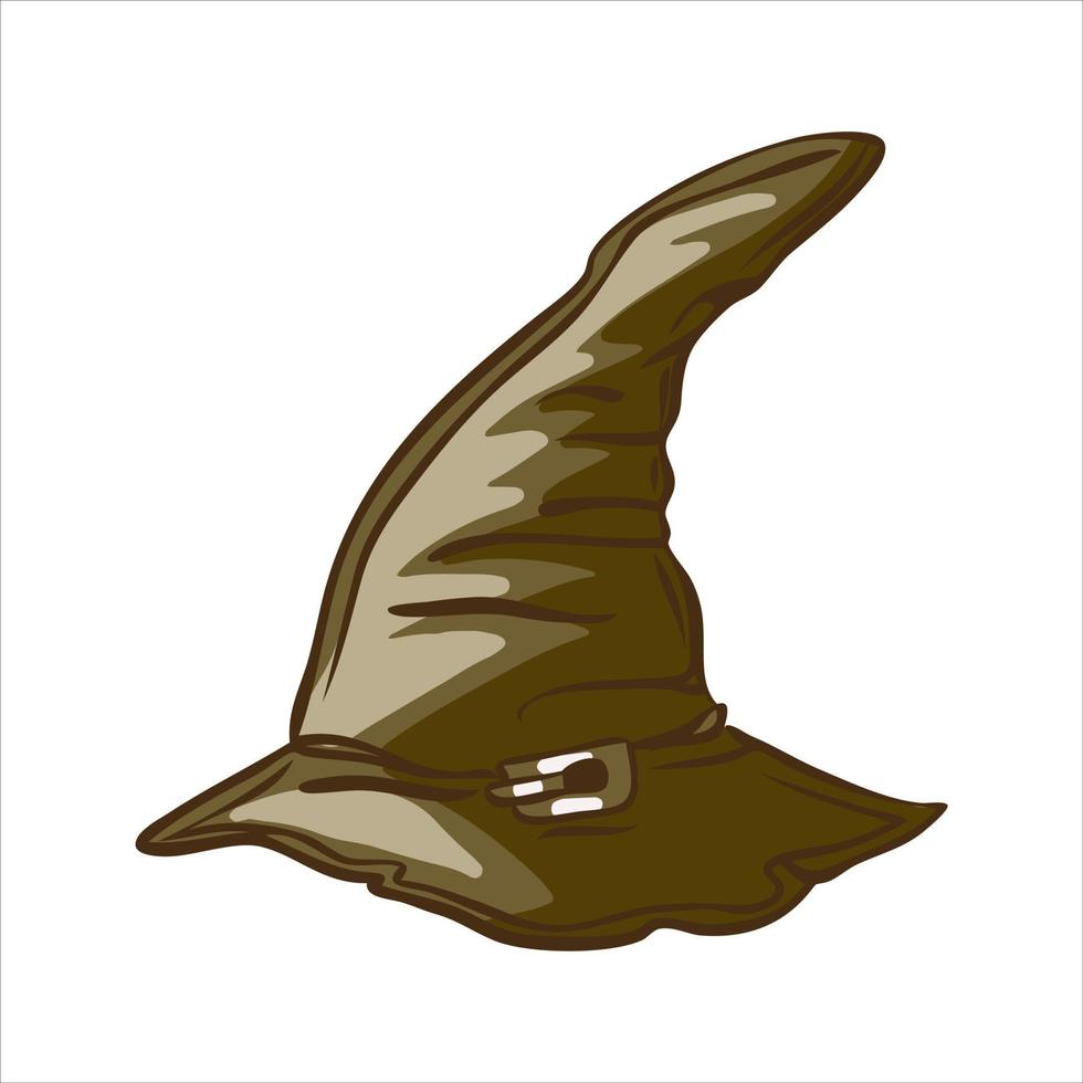 Old leather brown pointed witch hat with buckle. Vector illustration in hand drawn style