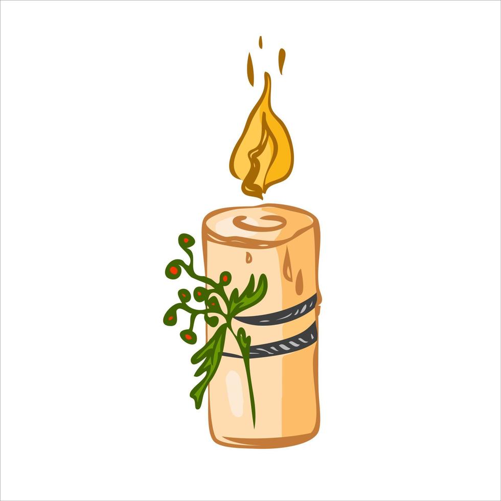 Burning candle in rustic style. Harvest concept. Vector illustration.