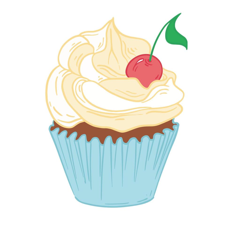 cupcake delicioso festivo con crema y decoraciones de cumpleaños. vector