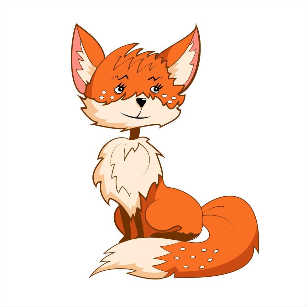 Little cheerful red fox sits. Isolated on a white background. Vector illustration.