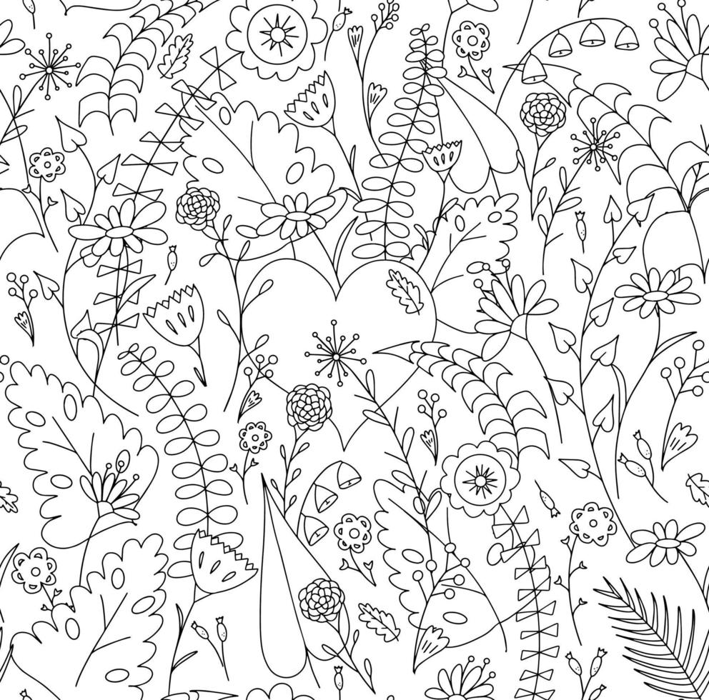 Heart among flowers. Folk seamless pattern for design prints, textiles, fabrics, packaging, postcards or coloring book. Cute pattern for valentine's day or birthday card. vector