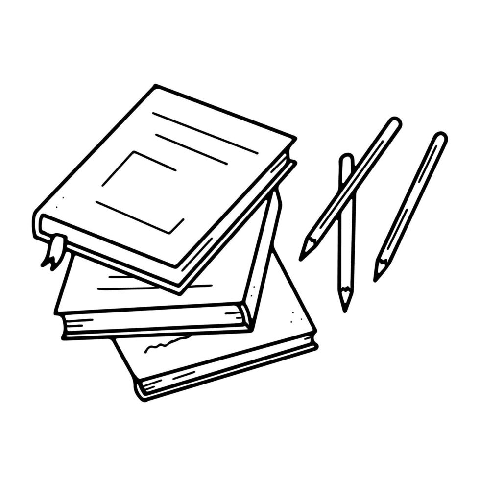 A stack of books and pencils.Drawing stationery on the table in doodle style vector