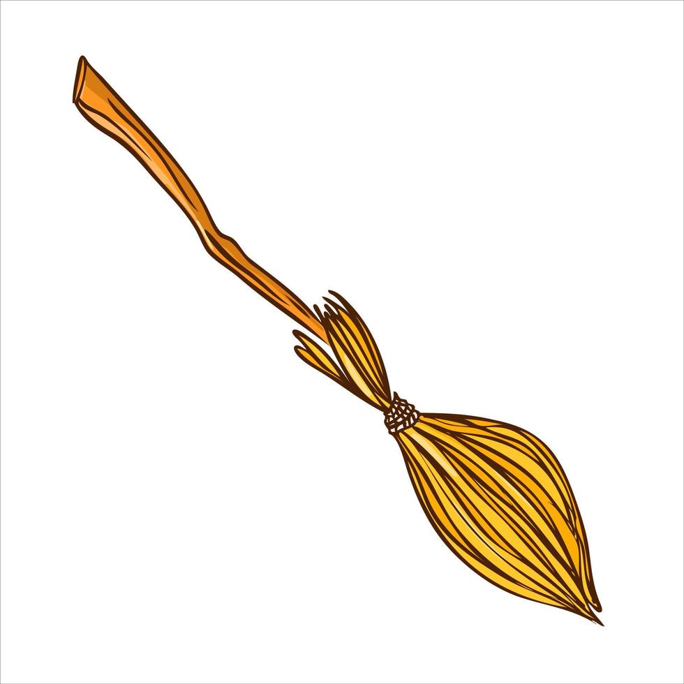 Old witch's broom on a long wooden handle. Vector illustration in hand drawn style