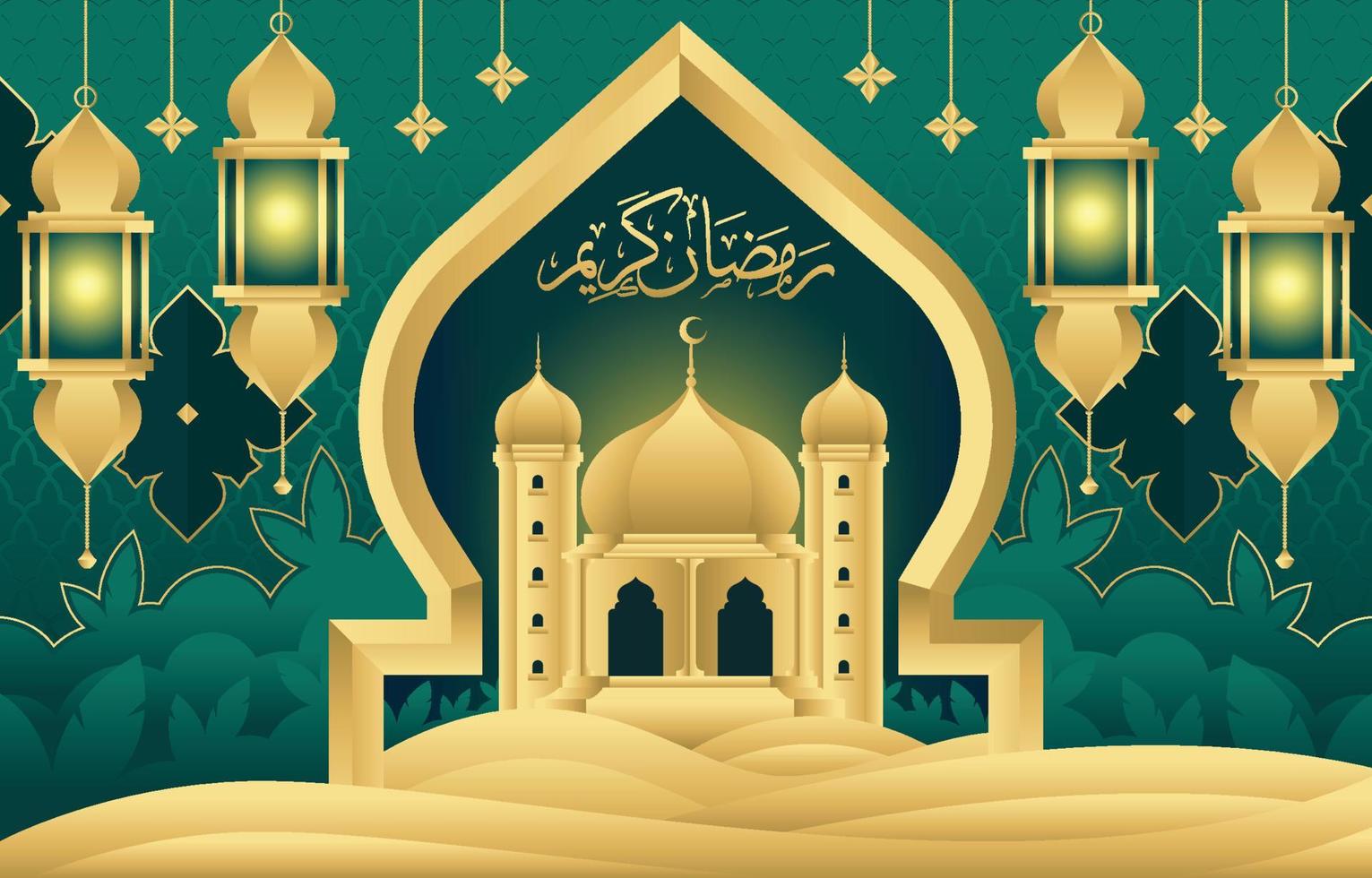 Ramadhan Month With Beautiful Mosque And Lanterns Background vector