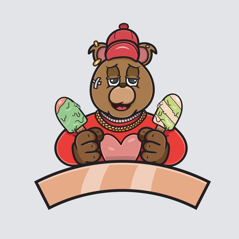 Bear Cartoon and Ice Cream. Simple Logo. vector