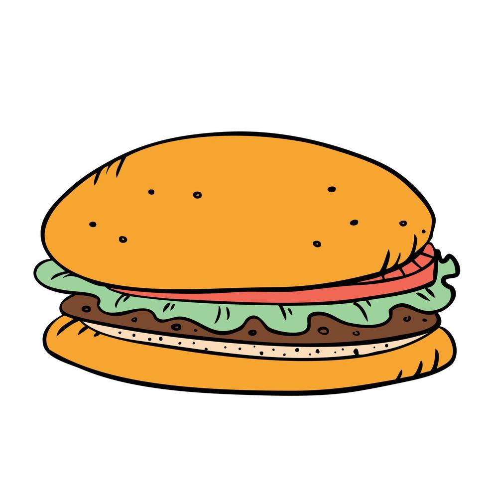 Fast food burger with cutlet, pmidor and salad. Vector illustration in doodle style.