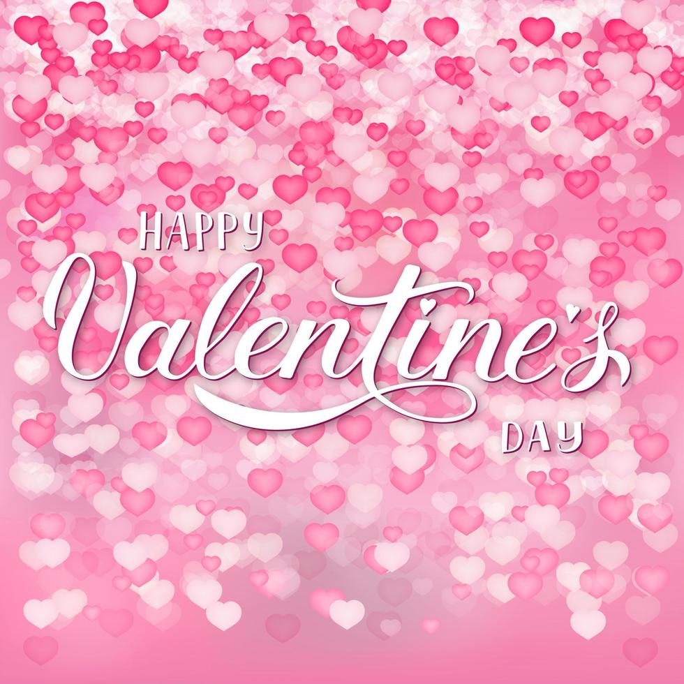 Happy Valentines Day calligraphy hand lettering on soft pink background with 3d hearts confetti. Easy to edit vector template