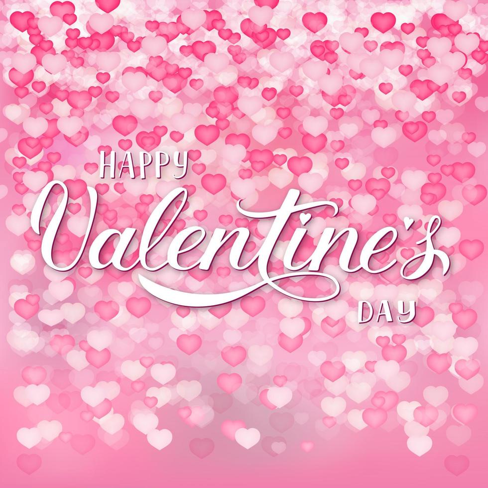 feliz día de san valentín caligrafía letras a mano sobre fondo rosa suave con confeti de corazones 3d. plantilla vectorial fácil de editar vector