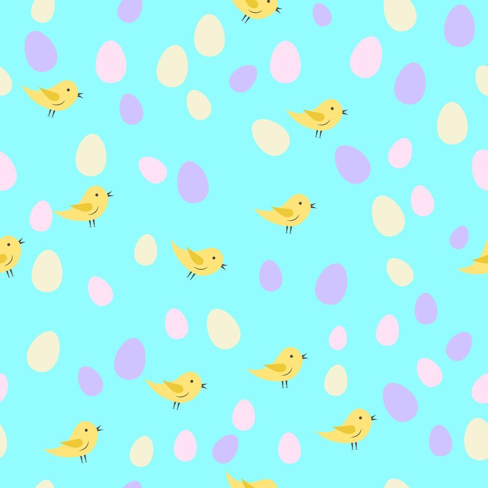 Easter seamless pattern with colorful eggs and birds. Spring holidays vector illustration. Background for party invitation, greeting card, banner, poster, wrapping paper, fabric, textile.