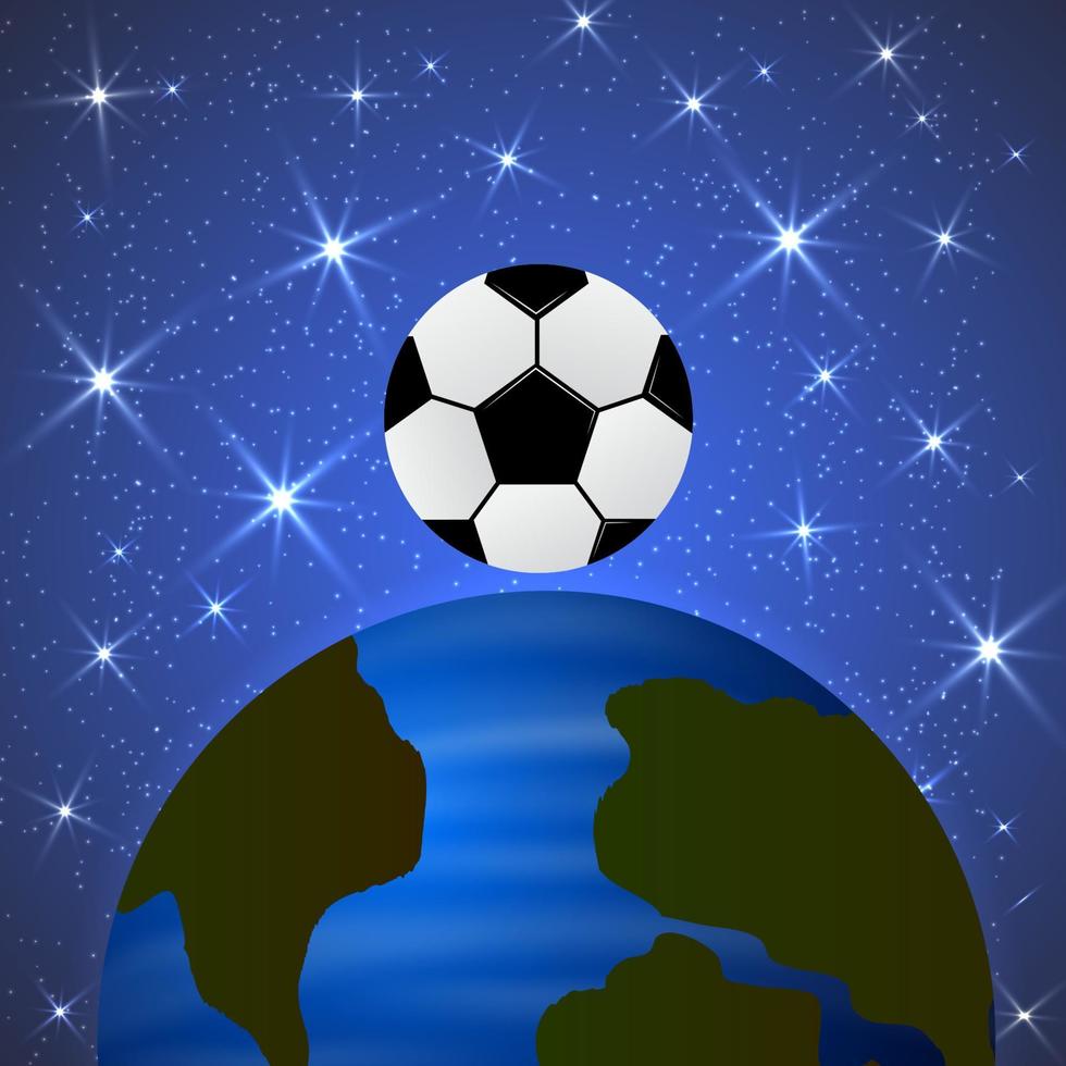 Planet Earth and a soccer ball in space. The concept of the World Cup. Football competitions vector illustration. The universe of sport.