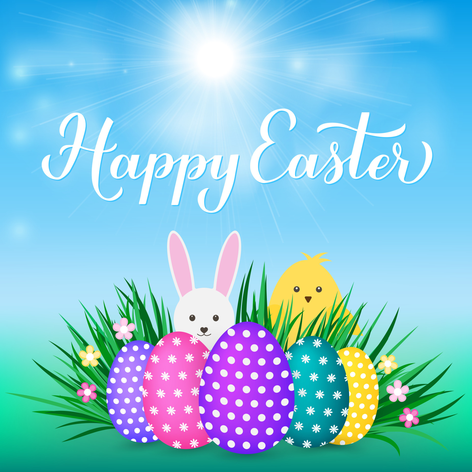 Happy Easter calligraphy hand lettering. Easter eggs on grass, cute cartoon bunny and chicken. Easy to edit vector template for party invitation, typography poster, greeting card, banner, etc. 6853617 Vector Art at Happy Easter calligraphy hand lettering. Easter eggs on grass, cute cartoon bunny and chicken. Easy to edit vector template for party invitation, typography poster, greeting card, banner, etc. 6853617 Vector Art at