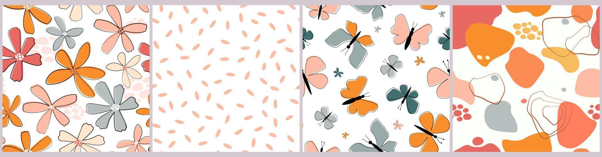 A set of seamless patterns with a summer floral print. Colorful butterflies, simple abstract shapes. Vector graphics.