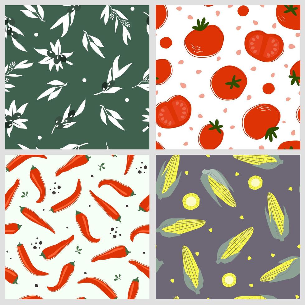 A set of seamless patterns with vegetables. Corn, tomato, olives, pepper plant print. Vector graphics.