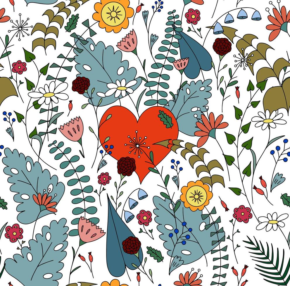 Red heart among flowers. Folk seamless pattern for design prints, textiles, fabrics, packaging, postcards. Cute bright pattern for valentine's day or birthday card. vector