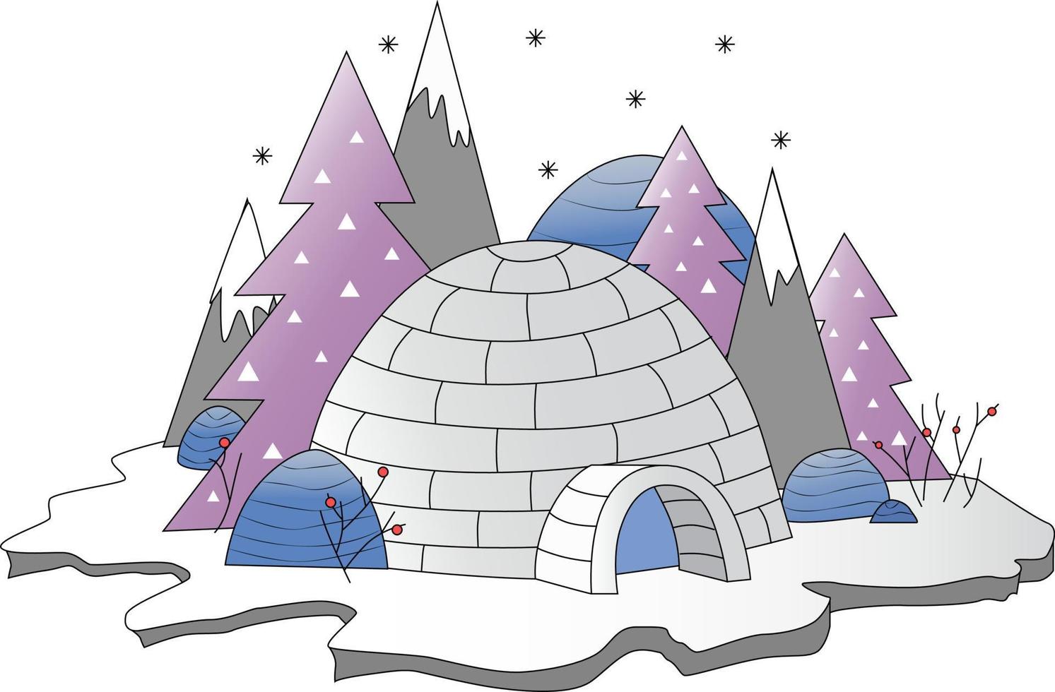 Igloo made from ice bricks. Fairy north vector illustration. Postcard.