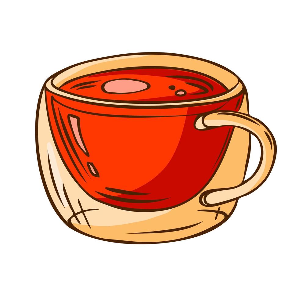Glass cup with hibiscus tea. Hot drink for breakfast. Colorful vector illustration.