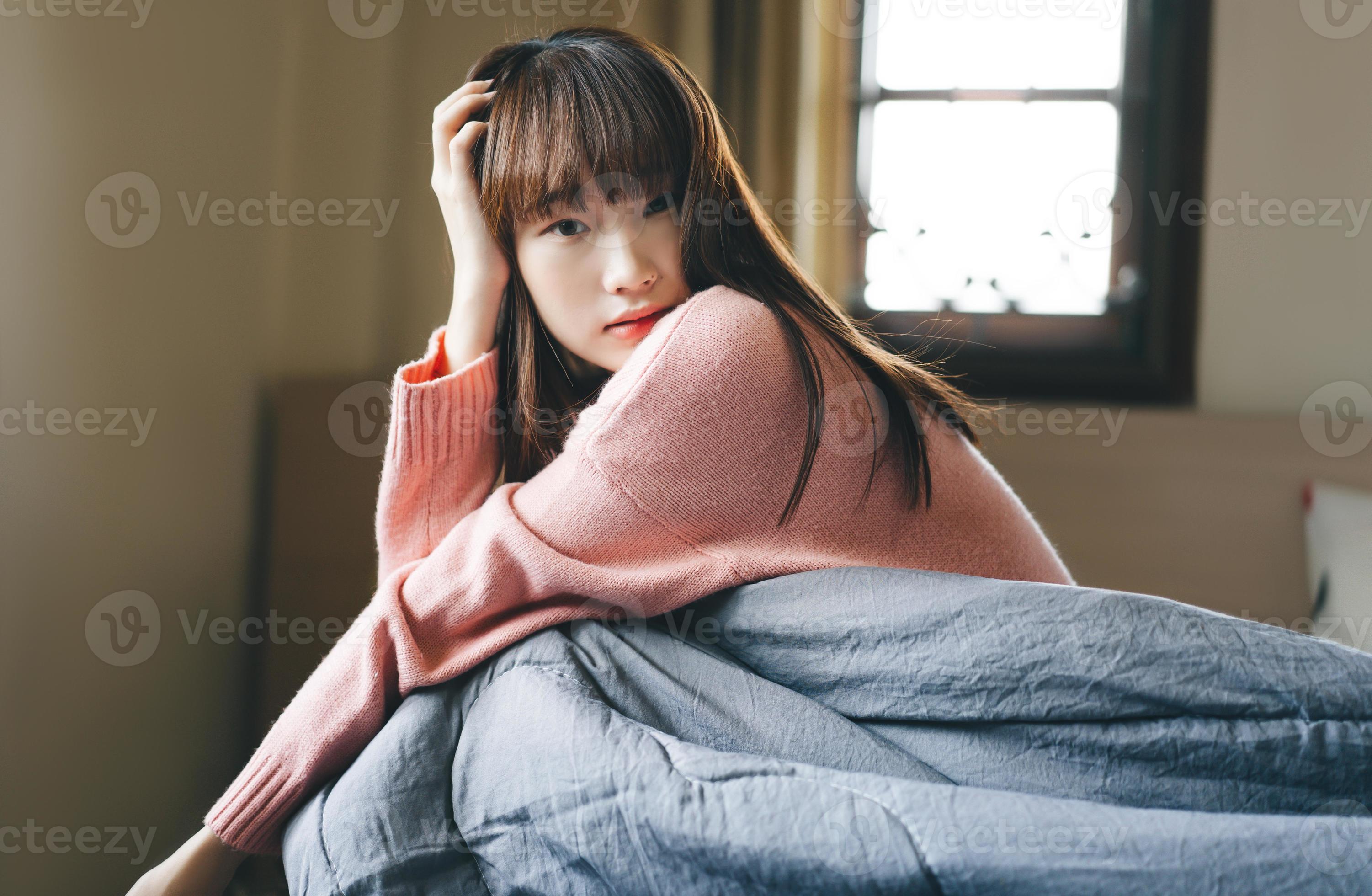 Portrait young asian cute woman teen lean wall wear pink sweater. 6853862  Stock Photo at Vecteezy