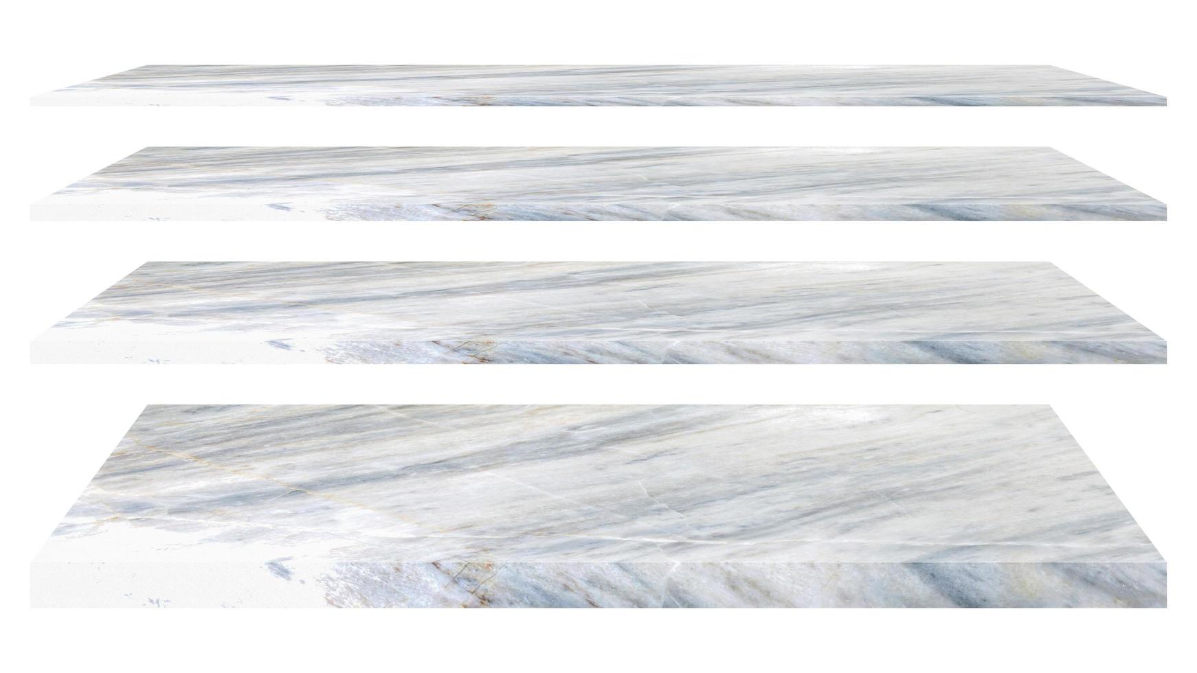 4 empty marble shelves Different levels, isolated on white backgrounds, With clipping paths. photo