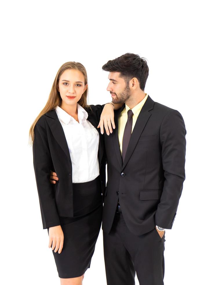 Two young male businessmen and a young woman isolated on a white background. photo