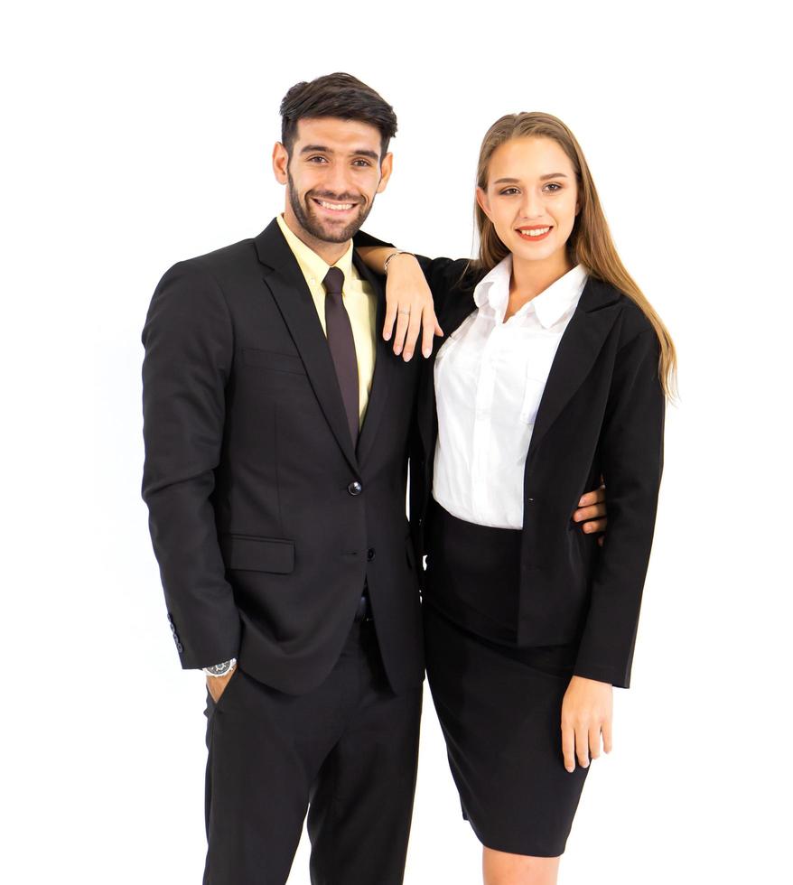 Two young male businessmen and a young woman isolated on a white background. photo