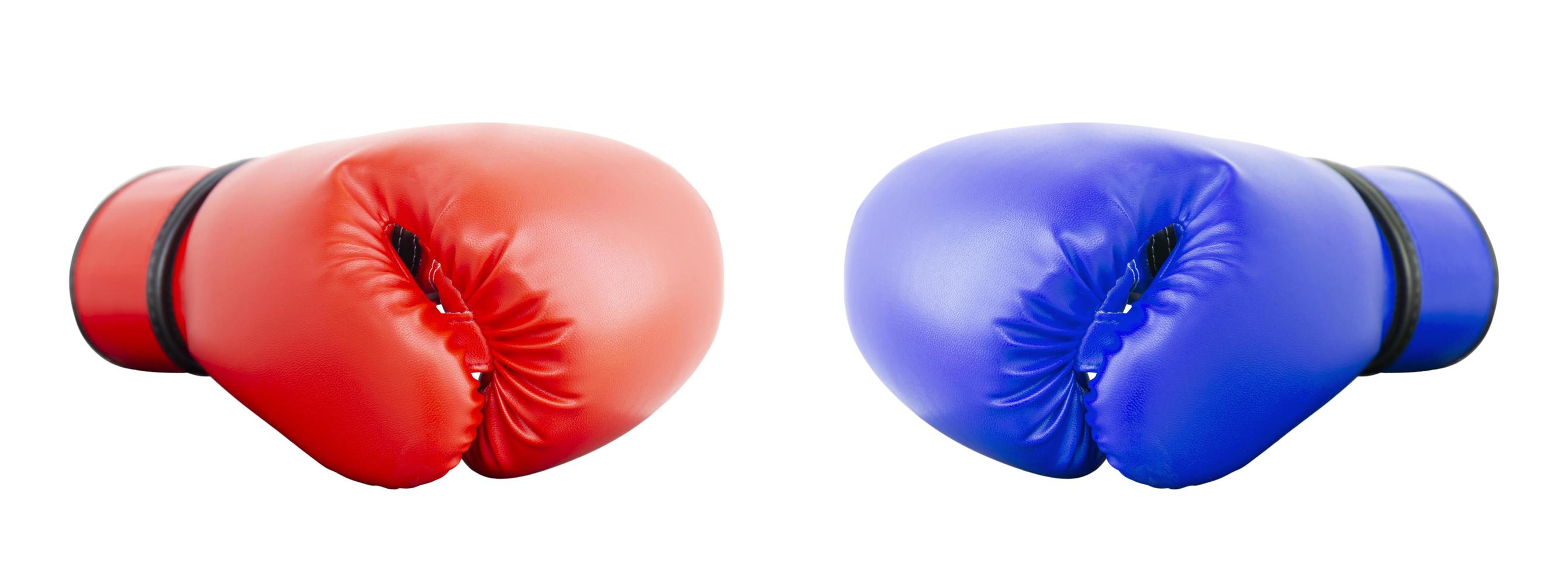 Boxing gloves Red and Blue hitting together isolated on white background. photo