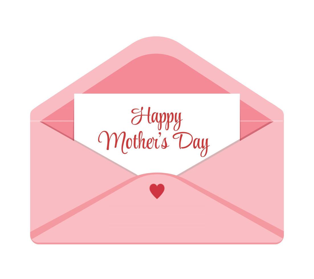 Open pink envelope with a Mothers day greeting card. Text Happy Mother's Day. Vector illustration isolated on white background. Cute love letter mail mockup.