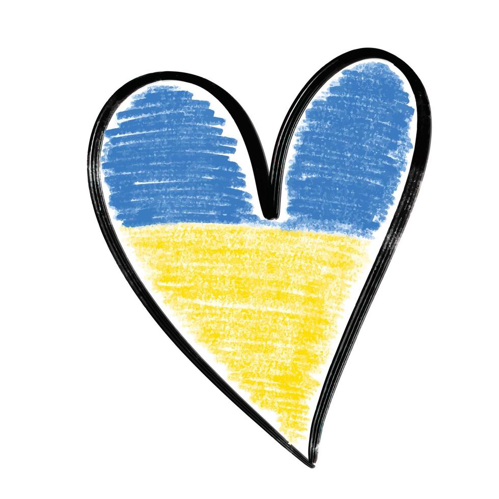 Crayon textured grunge vector heart illustration with black ink outline in colors of Ukrainian flag - blue and yellow stripes. Pray for Ukraine concept