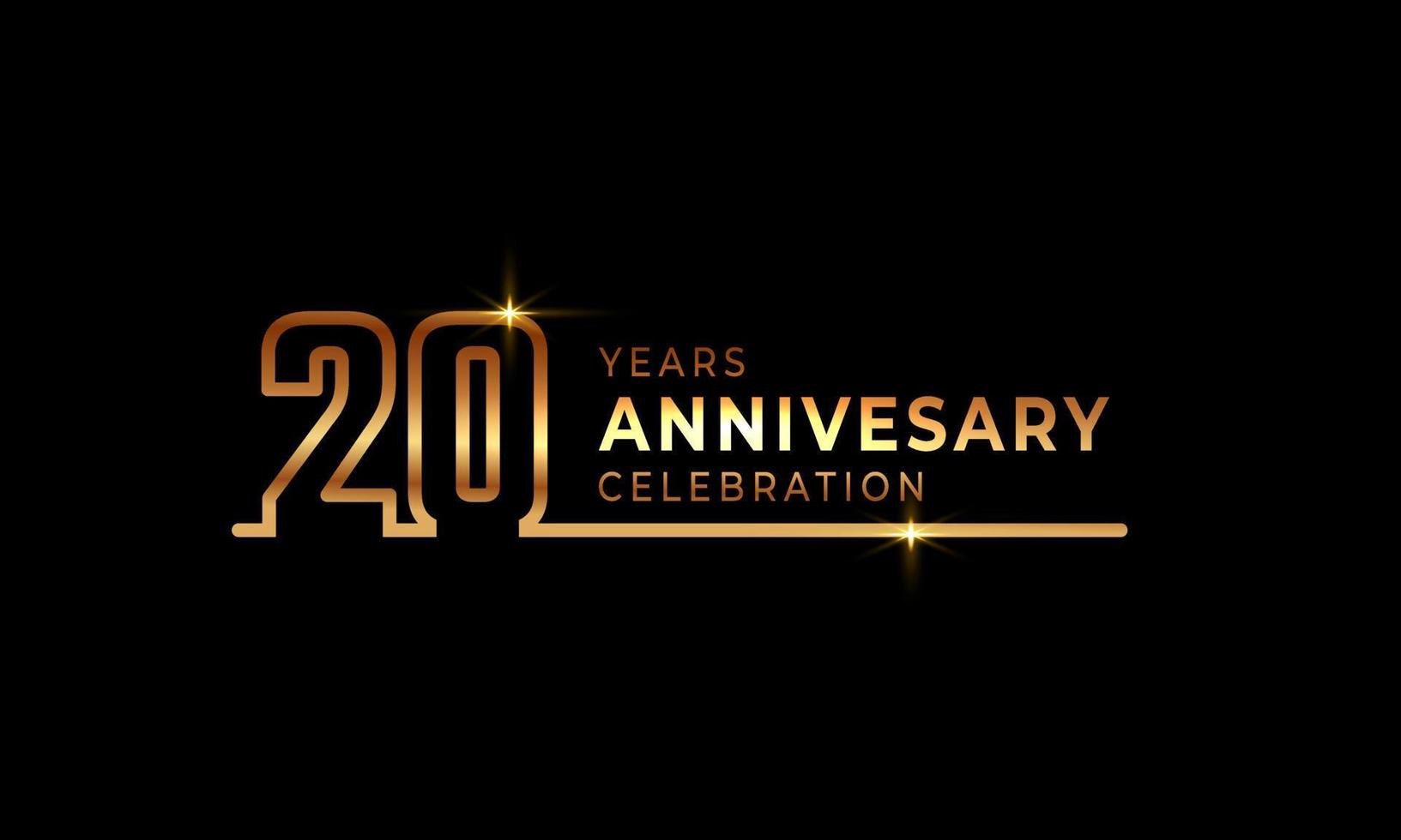 Logotipo de celebración de aniversario de 20 años con números de fuente de color dorado hechos de una línea conectada para evento de celebración, boda, tarjeta de felicitación e invitación aislada en fondo oscuro vector