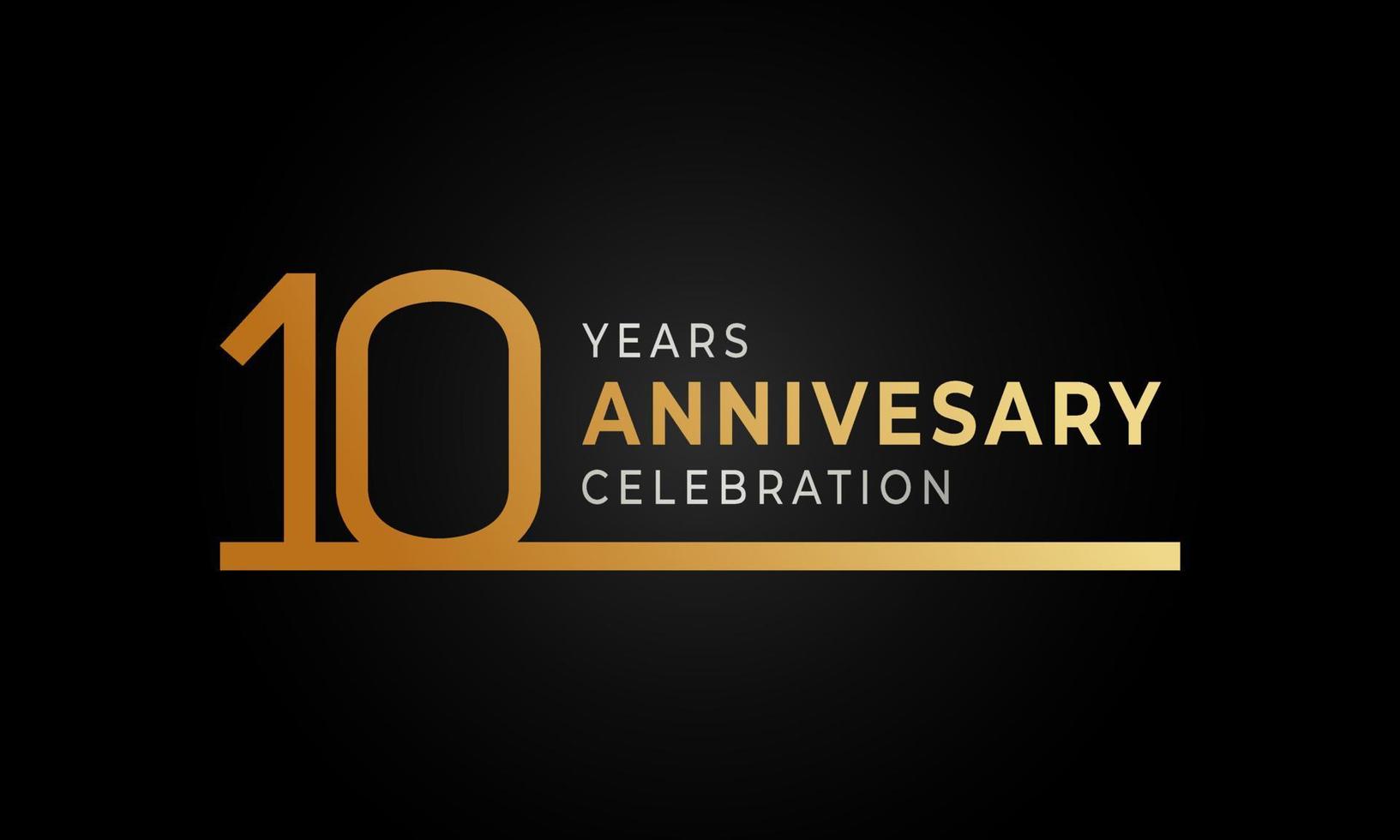 Logotipo de celebración de 10 años con color dorado y plateado de una sola línea para eventos de celebración, bodas, tarjetas de felicitación e invitaciones aisladas en fondo negro vector