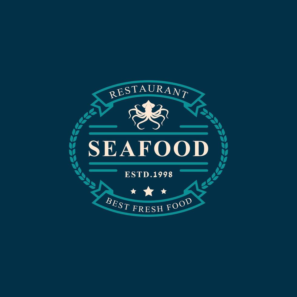 Vintage Retro Badge Seafood Fish Market and Restaurant Emblem Template Silhouettes Typography Logo Design vector