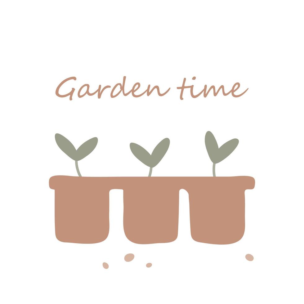 Vector illustration of seedlings in pots. Garden time. Spring time.