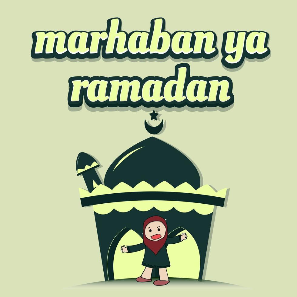 dibujos animados de muslimah con gesto de bienvenida de ramadán con diseño plano. vector
