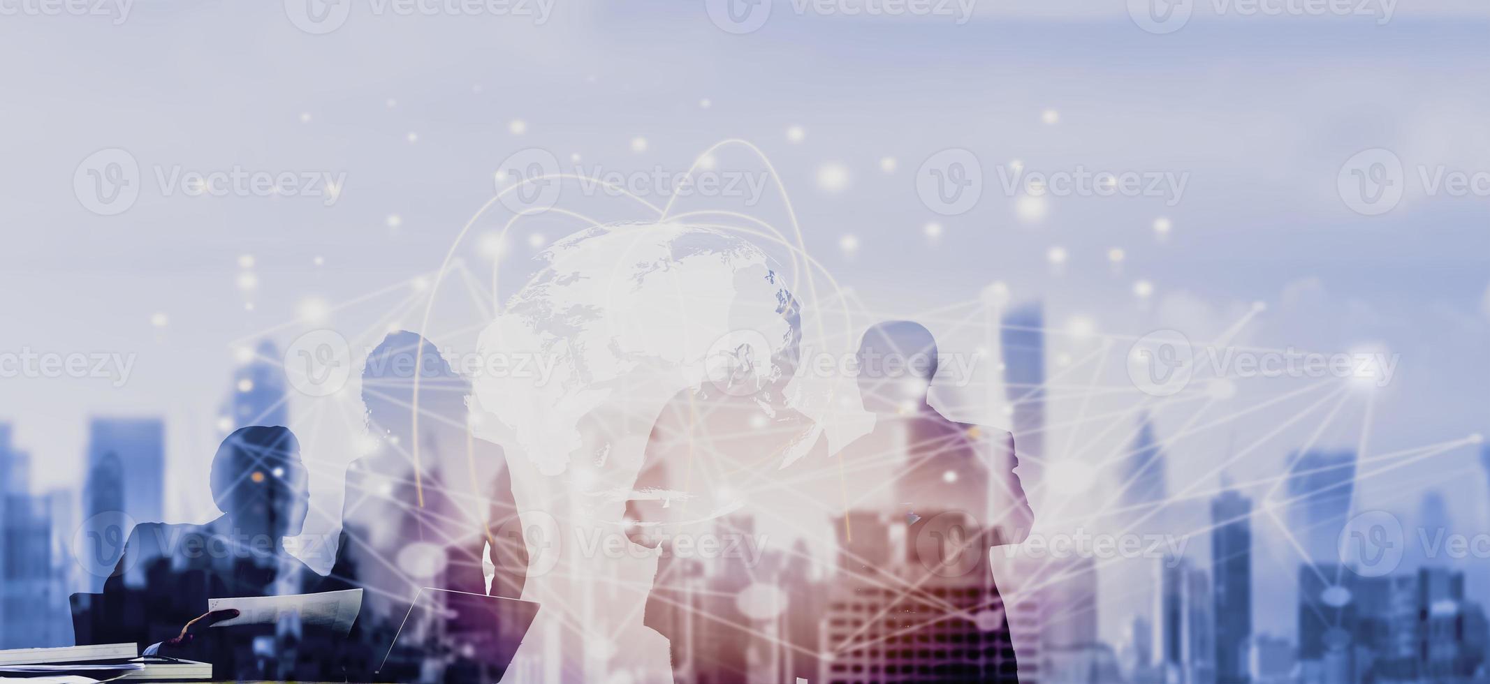 Business global network connection telecommunication or Metaverse technology concept, Futuristic silhouette business people group working on virtual meeting with internet link graphic background photo