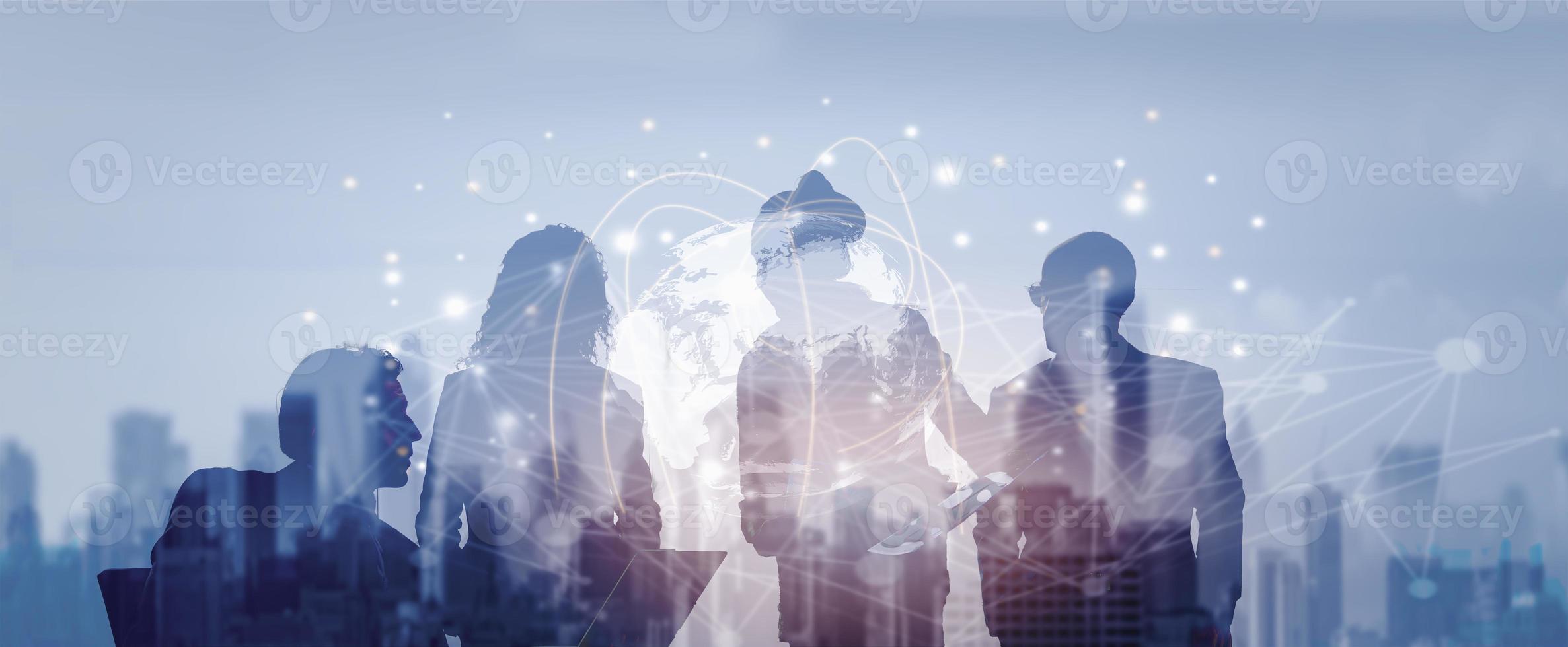 Business global network connection telecommunication or Metaverse technology concept, Futuristic silhouette business people group working on virtual meeting with internet link graphic background photo