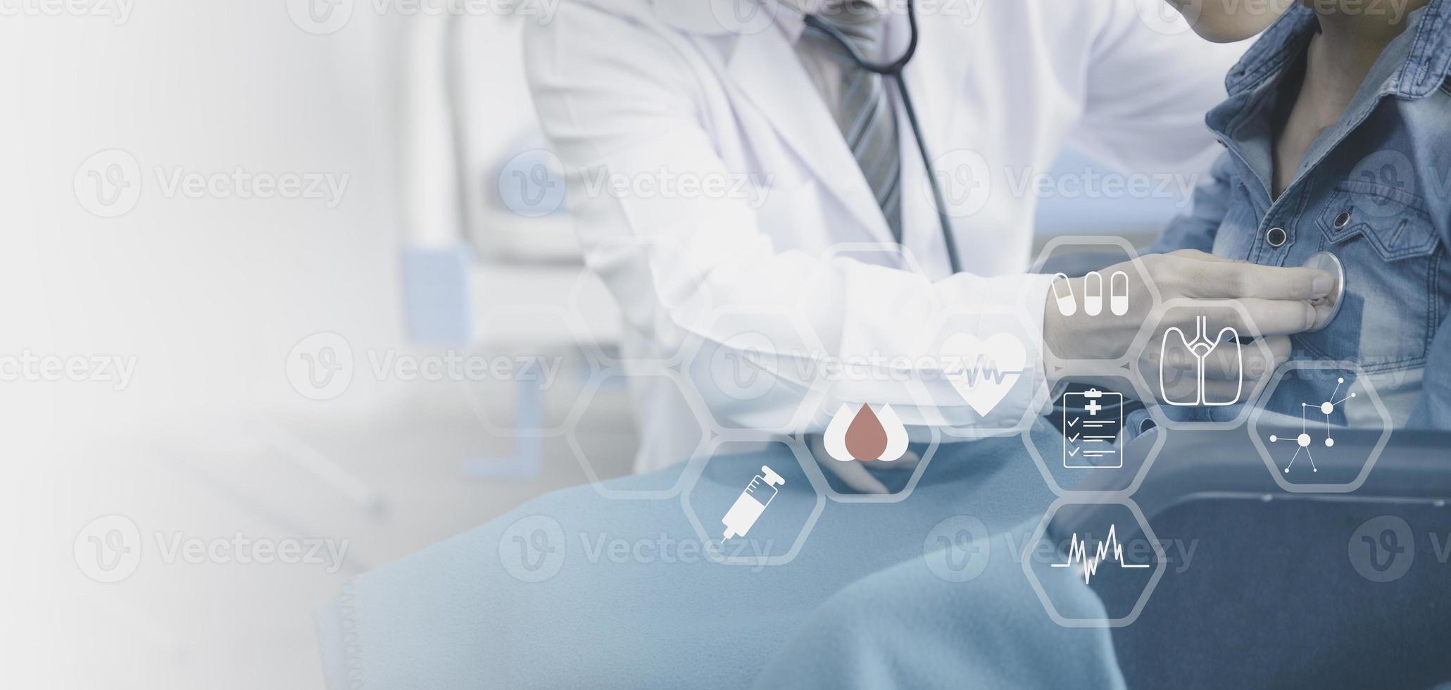 Doctor use stethoscope checkup patient on wheelchair, Healthcare service concept with copy space photo