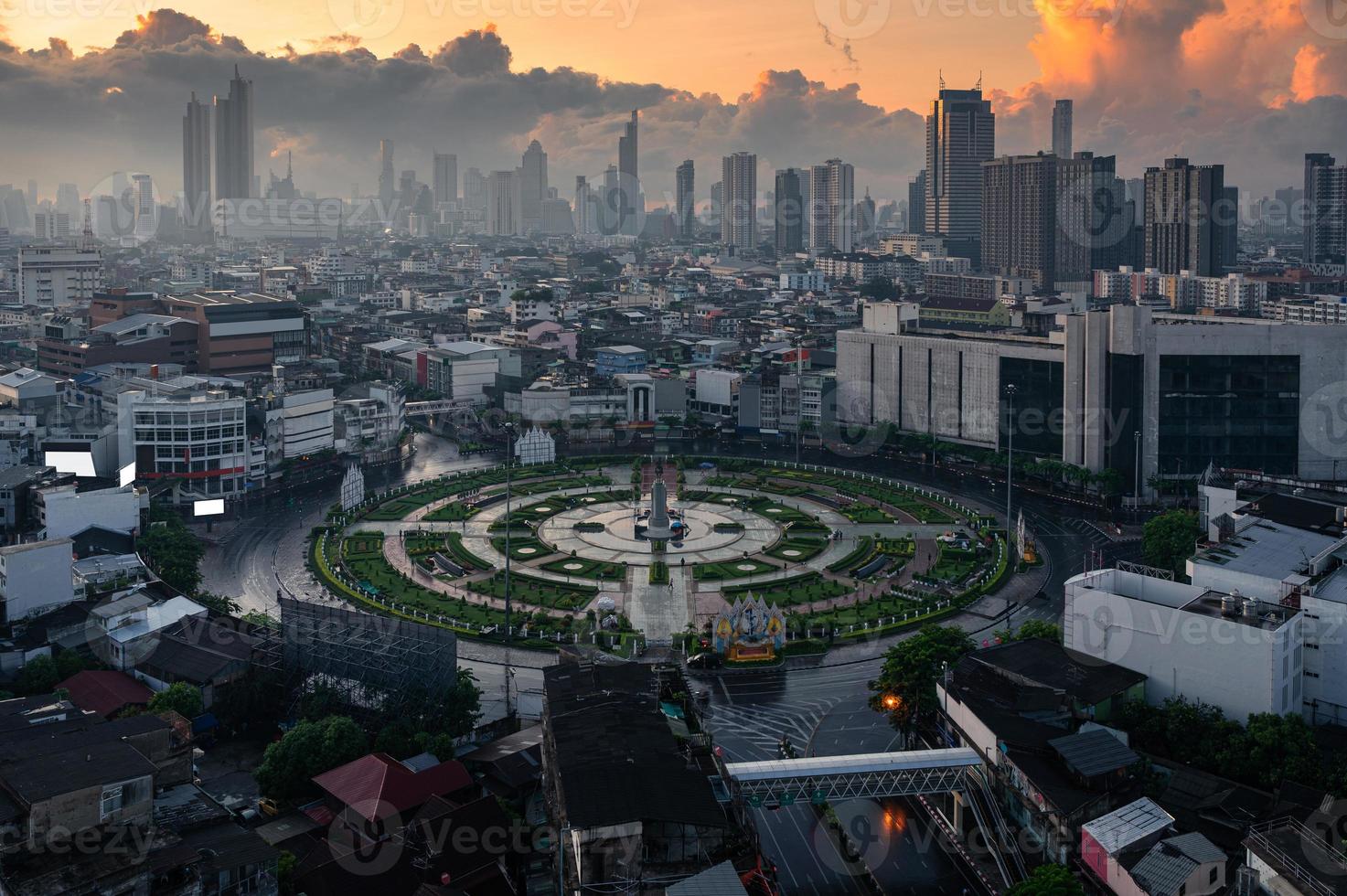 Wongwianyai roundabout monument without cars and skyscraper in downtown at Bangkok, Thailand photo