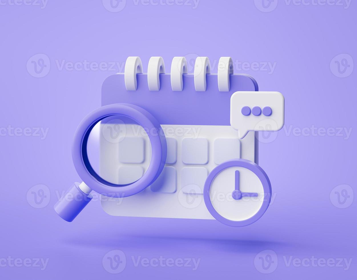 Purple calendar clock search icon reminder notification concept website ui on purple background 3d rendering illustration photo