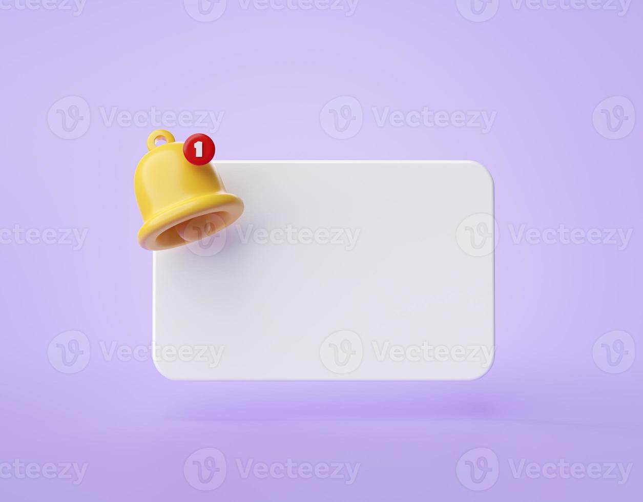 Reminder popup bell notification alert or alarm icon sign or symbol for application website ui on purple background 3d rendering illustration photo