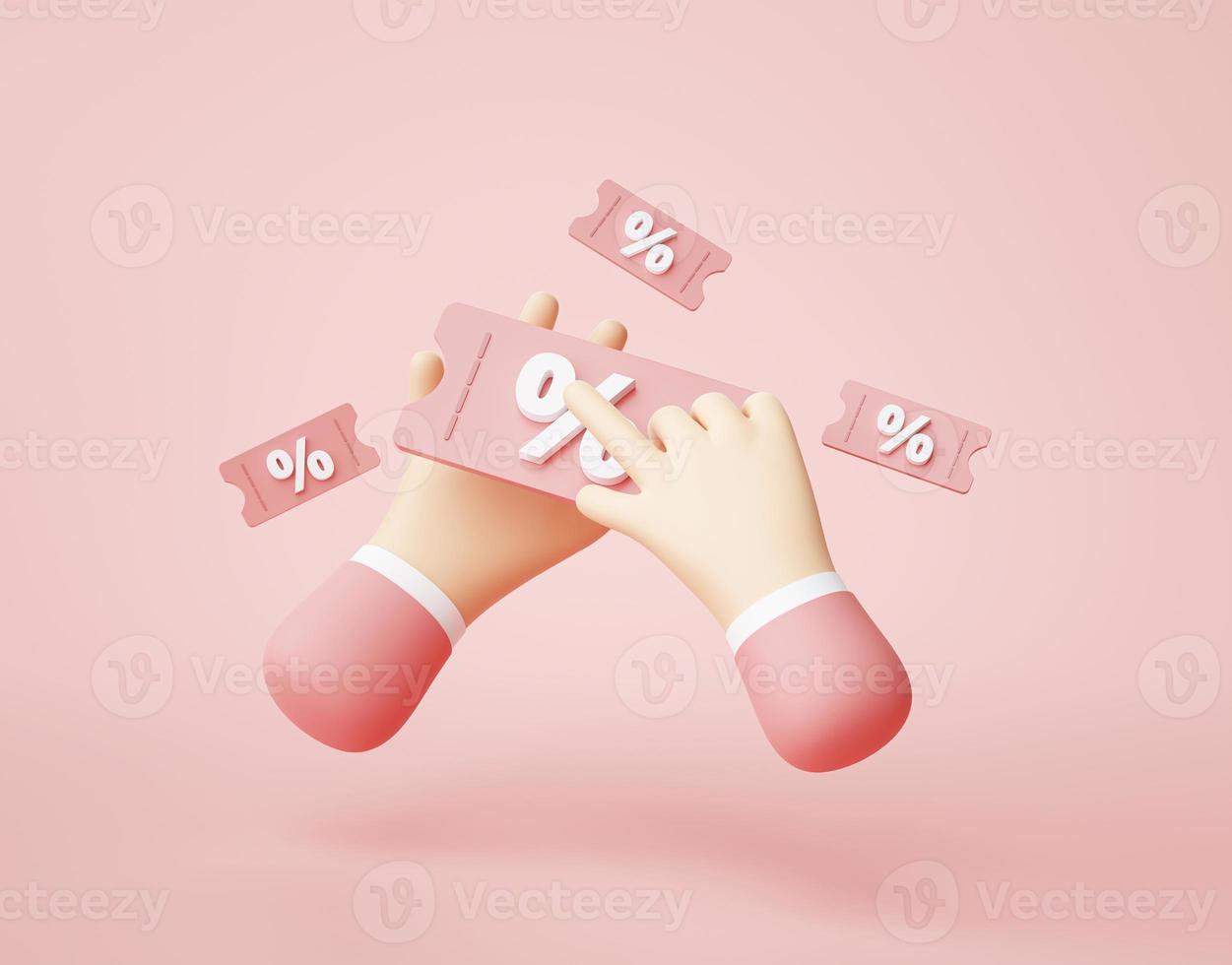 mano sujetando cupón de descuento porcentaje compras en línea símbolo icono dibujos animados representación 3d foto